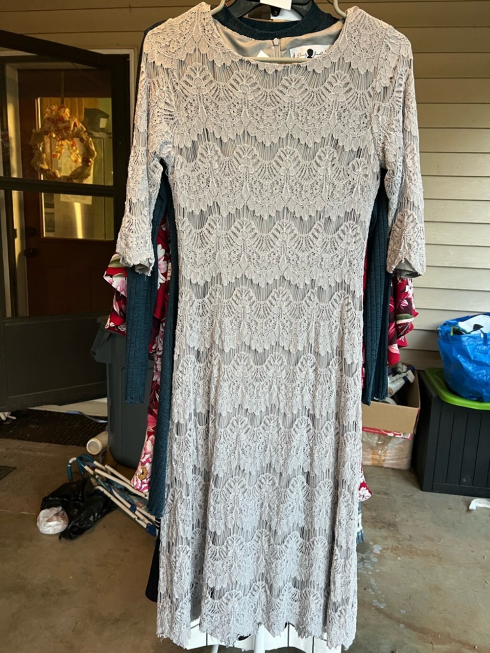 Dainty Jewells Gray Lace Midi Dress with Three-Quarter Sleeves